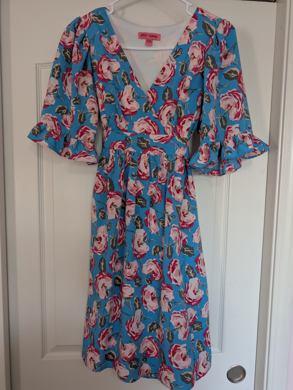 Betsey Johnson V-Neck Flutter Sleeve Floral Fit & Flare Dress Size 6 Turquoise